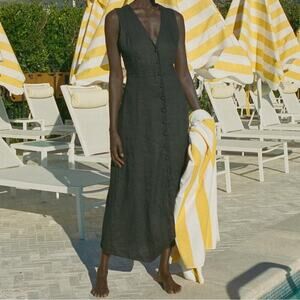 Doen Allene Linen Button V-Neck Tie Back Sleeveless Midi Maxi Dress Black